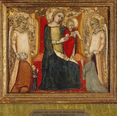 1340 ca Guiduccio Palmerucci Madonna and Child between Two Angels, with a Kneeling unkown Donor, His Wife and Child, Spencer Museum of Art