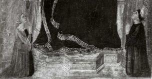 1300-49 Landini Jacopo, Madonna con Bambino in trono, santi, angeli e donatori coll priv detail
