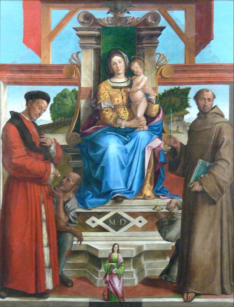 1515 Montagna_Virgin and Child Enthroned with St. Homoborus and a beggar, with St. Francis and the Blessed Bernardo da Feltre, and Saint Catherine