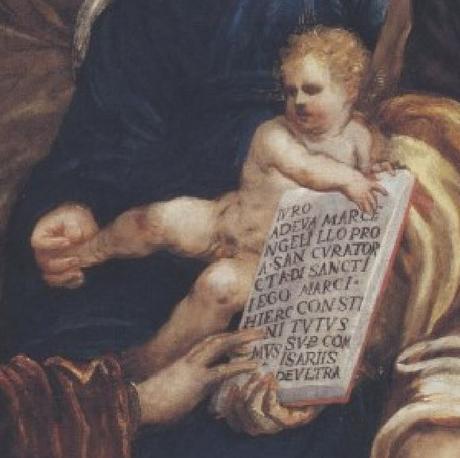 Tintoretto, Sacra Famiglia con il procuratore Girolamo Marcello che giura nelle mani di san Marco detail