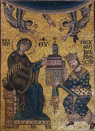 1180 ca Guglielmo II dedica la Cattedrale di Monreale alla Vergine, mosaico del Duomo di Monreale Arc triomphal D
