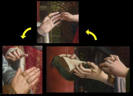 1510 ca Gerard_David_-_The_Virgin_and_Child_with_Saints_and_Donor_-National Gallery detail mains
