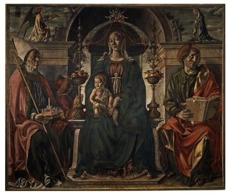 1474 Francesco del Cossa Pala dei Mercanti Santi Petronio e Giovanni Evangelista committente Alberto Cattani Pinacoteca Nazionale Bologna