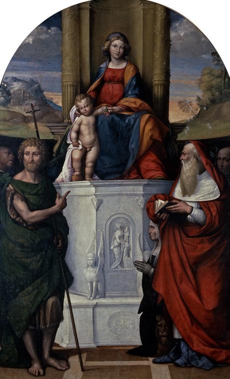 1517 Garofalo Madonna del Pilastro Garofalo giovanni-battista-gerolamo-francesco-di-assisi-san-antonio-donor Ludovica Trotti