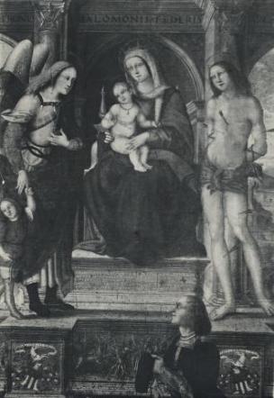 1497 - 1518 Nardini Girolamo, Madonna con Bambino in trono, san Raffaele Arcangelo, san Sebastiano e il donatore detruit