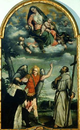 1542 Moretto,_Madonna_con_Gesù_Bambino_in_gloria_con_santi_e_donatore Pinacoteca Tosio Martinengo a Brescia.