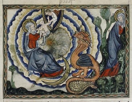 1265-70 Douce_Apocalypse_-_Bodleian_Ms180_-_p.043_Woman_and_the_dragon