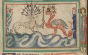 3-4-2 La vision de Patmos dans les Apocalypses anglo-normandes 1255-60 Anglais getty museum Ms. Ludwig III 1 (83.MC.72), fol 23v The Dragon Giving the Sceptor of Power to the Beas