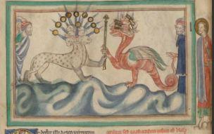 1255-60 Anglais getty museum Ms. Ludwig III 1 (83.MC.72), fol 23v The Dragon Giving the Sceptor of Power to the Beas