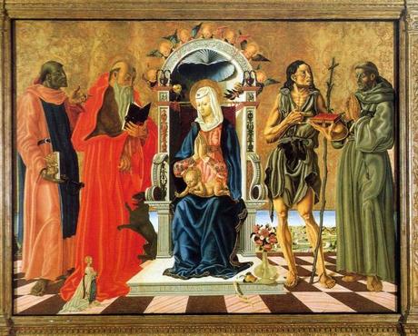 4-2 Le donateur-souris : seul, à gauche 1472 Nicola di Maestro Antonio di Ancona, san Leonardo,Girolamo,Giovanni Battista, Francesco d'Assisi e donatrice Carnegie Museum of Art