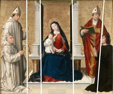 1500 ca Anonyme avignonnais Vierge a l'enfant avec St Hugues, St Ambroise, un chartreux et un laic Musee du Petit Palais Avignon schema