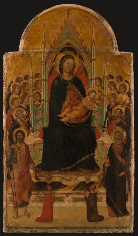 1330 avant Thronende Madonna mit Kind und Heiligen, Engeln und Stiftern, Jacopo del Casentino Staedel