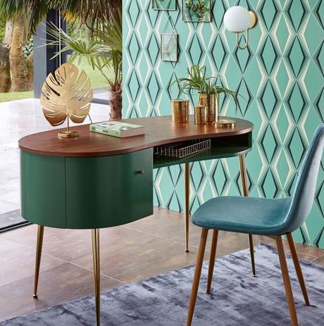 blog déco bureau exotique géométrique luxueux table ronde bois papier peint géométrique