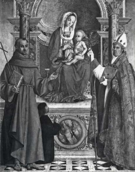 1505 Zaganelli Francesco, Madonna con Bambino in trono tra san Francesco d'Assisi, san Nicola di Bari e il committente Pietro Marinazzo Brera