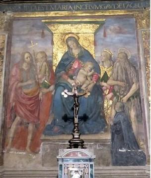 1504 ca Peruzzi Baldassarre, Giovanni Battista, santo, Caterina Onofrio e donatore Chiesa di S. Onofrio al Gianicolo, Roma abside