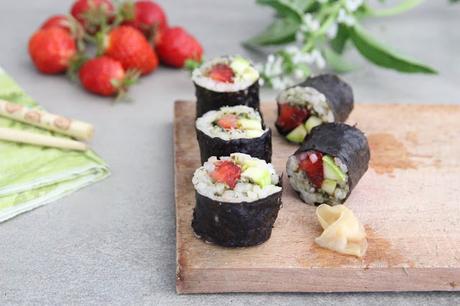 Cuillère et saladier : Makis de printemps : fraises, pesto, courgette
