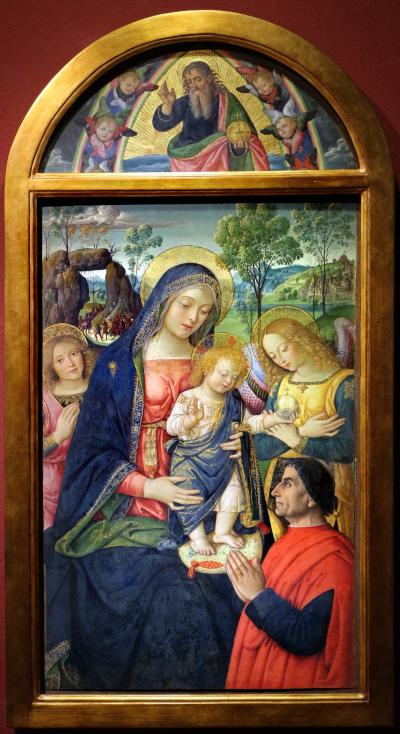 VD 1498-99 Pinturicchio , madonna della pace il donatore Liberato Bartelli, Dio Padre benedicente Pinacoteca Comunale San Severino