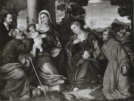 1510-50 Bonifacio de Pitati , Sacra Famiglia con santa Maria Maddalena, san Francesco d'Assisi e un donatore coll priv