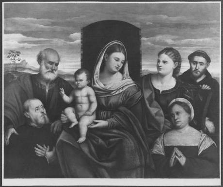 Palma Vecchio, Madonna con Bambino in trono, santi e donatori coll priv