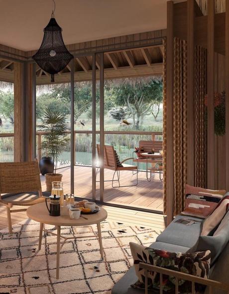 Planète Sauvage : une nuit en Afrique lodge maison sur pilotis dans un lac vue sur les animaux sauvage faune et flore africaine clematc