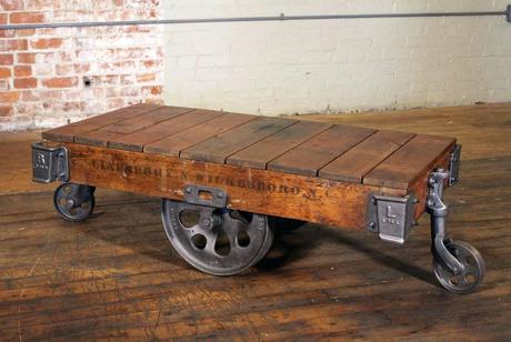 industrial coffee table cart vintage industrial rustic wood and cast iron factory coffee table rolling cart for sale