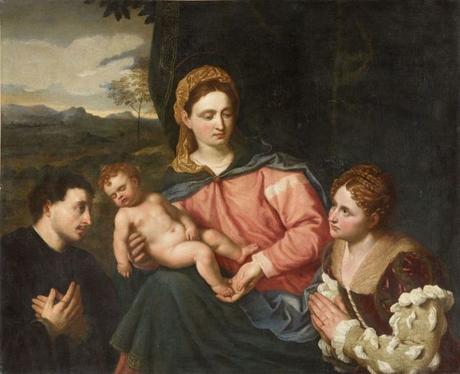 1525 ca Paris_Bordone_-_Madonna_con_Bambino_e_due_donatori Los Angeles County Museum of Art