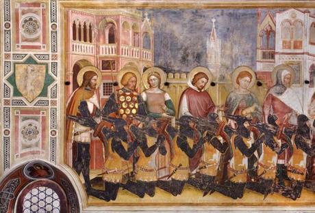 1377-79 Altichiero,_oratorio_di_san_giorgio,_parete_sinistra Raimondo Lupi, preceduto dai nipoti, dai fratelli e dai genitori, detail