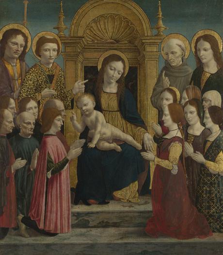 1490-95 Maestro della pala Sforzesca,Giacomo Maggiore, Stefano, Bernardino da Siena, Giovanni Evangelista e douze donateurs inconnus National Gallery