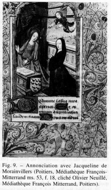 1498 Annonciation avec Jacqueline de Morainvillers BM Poitiers MS 53, f 18