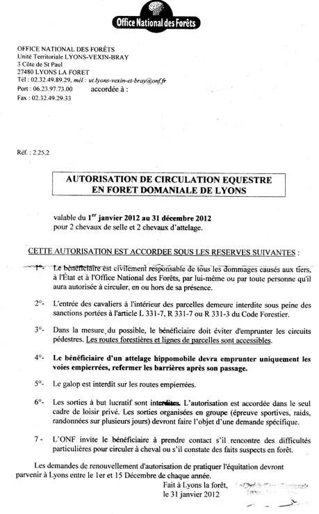 autorisation de circuler en forêt de Lyons