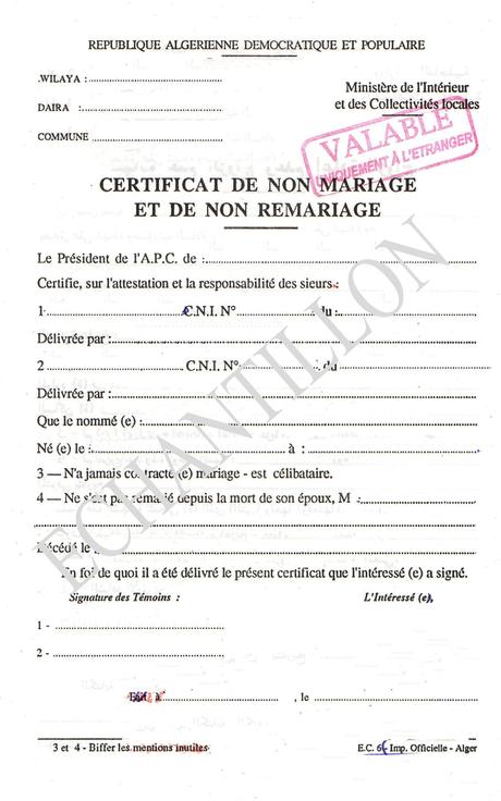 Certificat de non mariage mairie échantillon – Algérie Allemagne ...