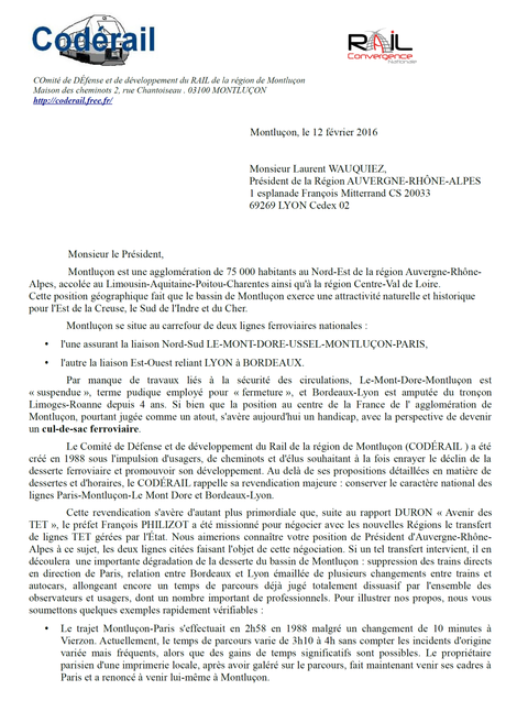 Lettre Association Codérail à Mr Wauquiez Président Région, 12 ...