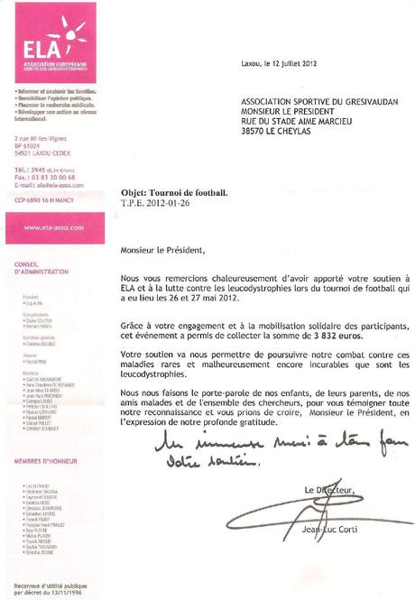 Actualité - LETTRE DE REMERCIEMENT DE L'ASSOCIATION ELA - club ...
