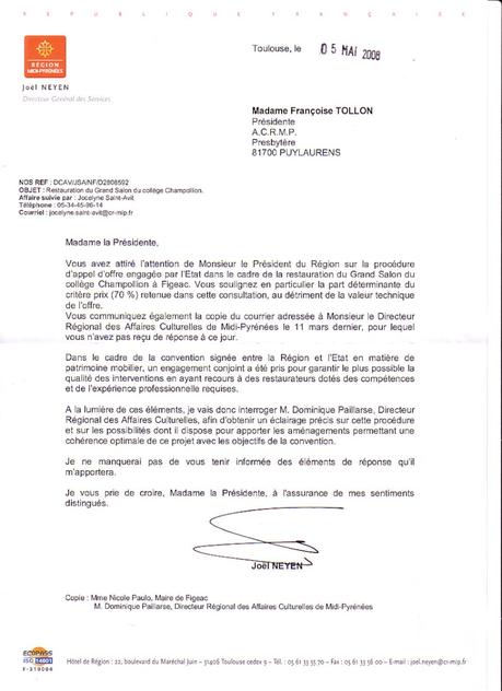 Appel d'offre à Figeac : courrier adressé au Directeur Régional des ...