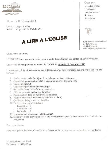 courrier réponse appel d’offre ODGESA: Appel d'offres pour la confection d'uniformes