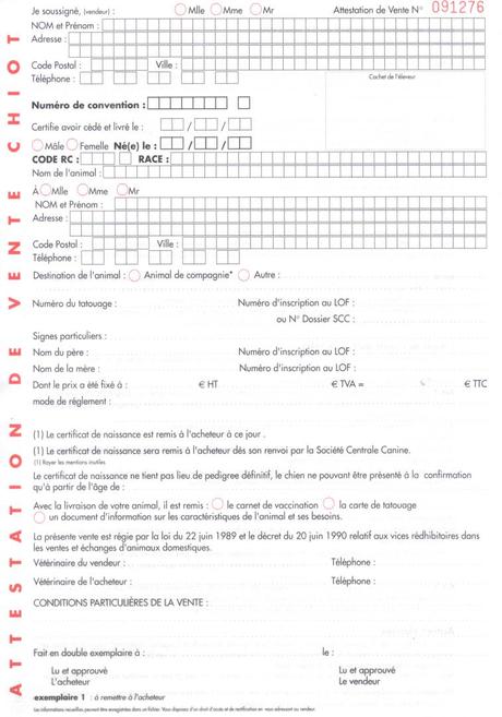 centrale canine certificat de vente