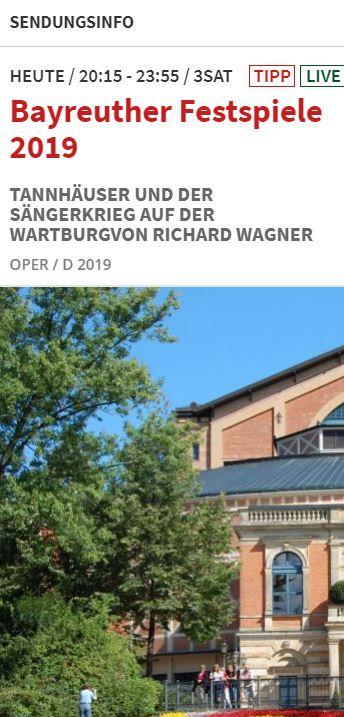 Heute Abend -  Tannhäuser auf 3Sat - 20U15 -Ce soir. Le nouveau Tannhäuser de Bayreuth sur 3Sat