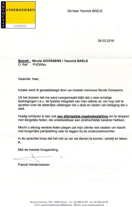 Courrier de l'avocat de la mère indigne (080316) | Yannick Baele