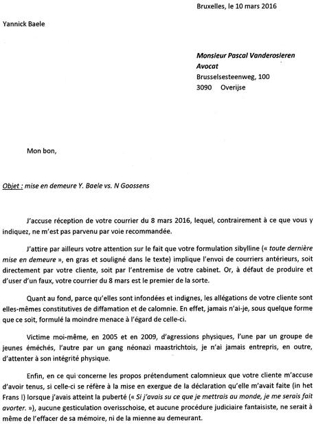 Courrier à l'avocat de la mère indigne (100316) 1-2 | Yannick Baele