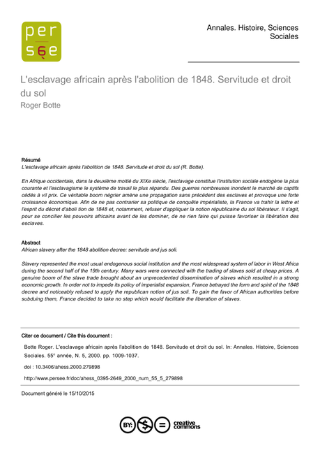 PDF) L'esclavage africain après l'abolition de 1848. Servitude et ...