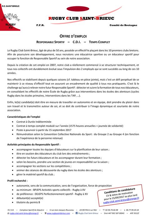 Responsable sportif (Rugby Club Saint Brieuc) | Fédération Française ...