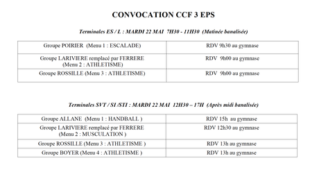 CCF 3 BAC EPS mardi 22 MAI horaires de convocation | Lycée Bel Air