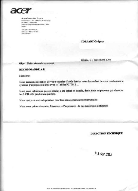 lettre de décharge matériel Ma tentative de remboursement des logiciels d'un portable Acer