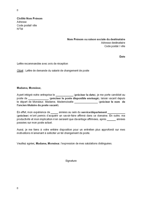 lettre de demande de changement de poste