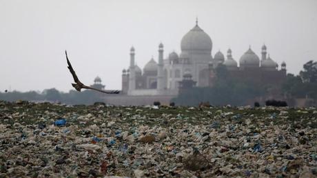 Garbage seen on the polluted banks of the Yamuna near the Mahal, Agra, Uttar Pradesh, May 19, 2018