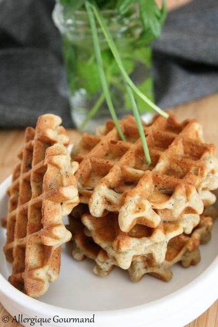 Gaufres aux oignons caramélisés, ciboulette, menthe, persil { sans gluten, sans lait, sans oeufs }