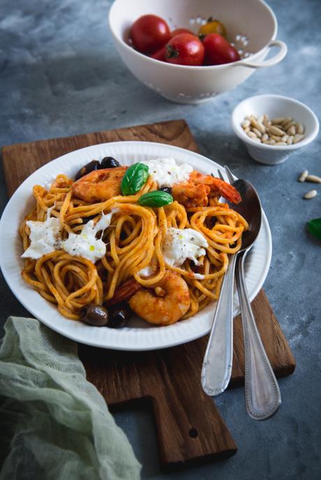 Spaghetti aux crevettes sauce poivron -3