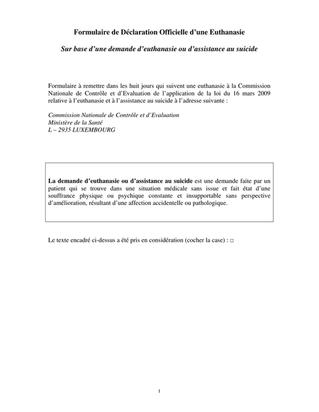 Formulaire de Déclaration Officielle d`une Euthanasie Sur base d