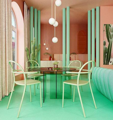 déco verte et rose design chaise table transparente salon ouvert sur cuisine canapé turquoise colonnes couleurs - blog déco - clem around the corner