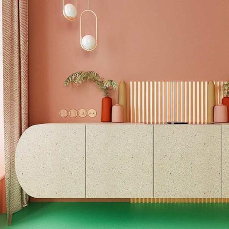 déco verte et rose cuisine meuble design finition terrazzo sol turquoise tendance blush - blog déco - clem around the corner